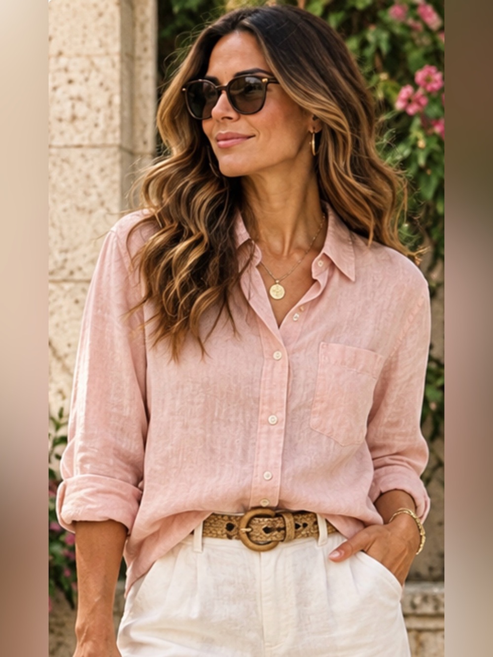 L.L.Bean 100% Linen Pink Button Down Shirt Women’s L Coastal